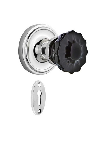 Classic Rosette Mortise Lock Set with Colored Fluted Crystal Glass Knobs Black in Polished Chrome.